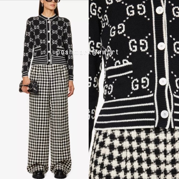 GUCCI 🙌 GG Supreme Logo Cardigan Sweater Black Ivory White Cotton XS - Picture 3 of 16